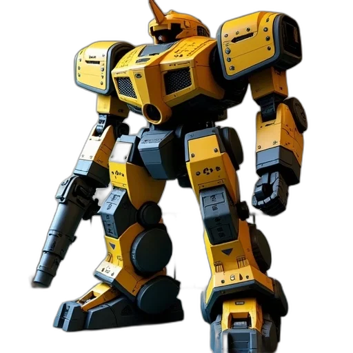 robot, weapon, concept art, 3d render, pixel art, golden, large, detailed transparent PNG cut-out