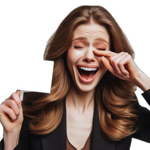 face, staff, woman, laughs, gleefully, holding, card, says transparent PNG cut-out