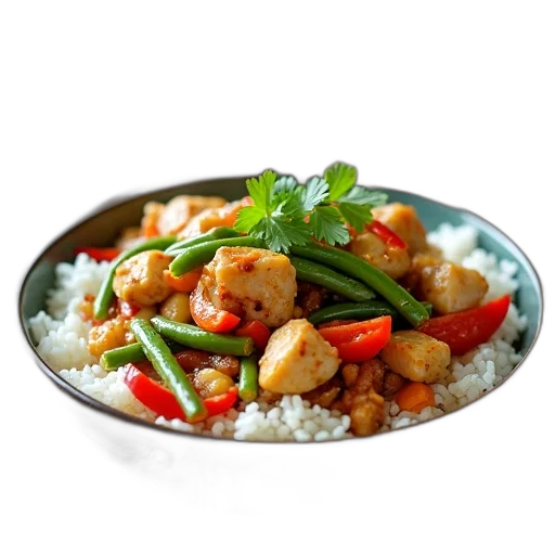 food, photorealistic, 3d render, bowl, chicken, vegetable, stir-fry, placed transparent PNG cut-out