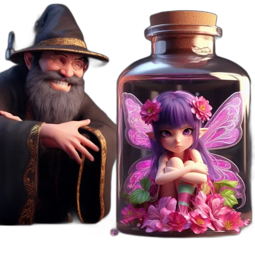 bottle, concept art, fantasy art, 3d render, pixel art, old, wizard, smiles transparent PNG cut-out