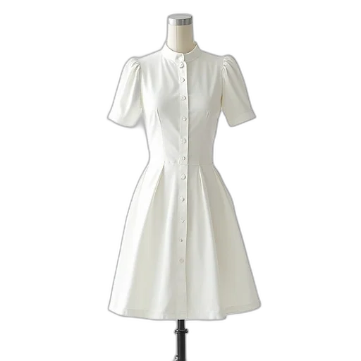 dress, jacket, white, short-sleeved, button-up, fitted, bodice, flared transparent PNG cut-out