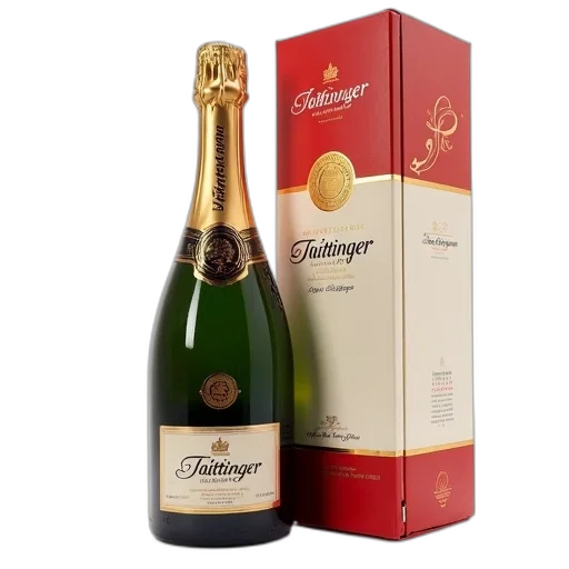 bottle, taittinger, champagne, displayed, next, packaging, positioned, left transparent PNG cut-out