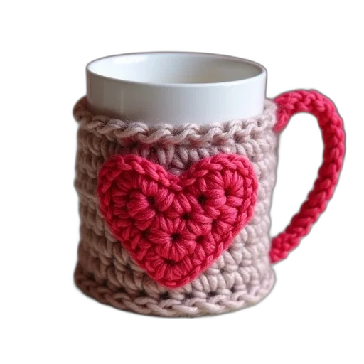 3d render, mug, cosy, made, crocheted, heart transparent PNG cut-out