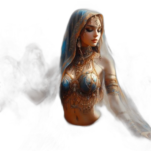 dress, jewelry, mask, sword, fantasy art, concept art, photorealistic, 3d render transparent PNG cut-out