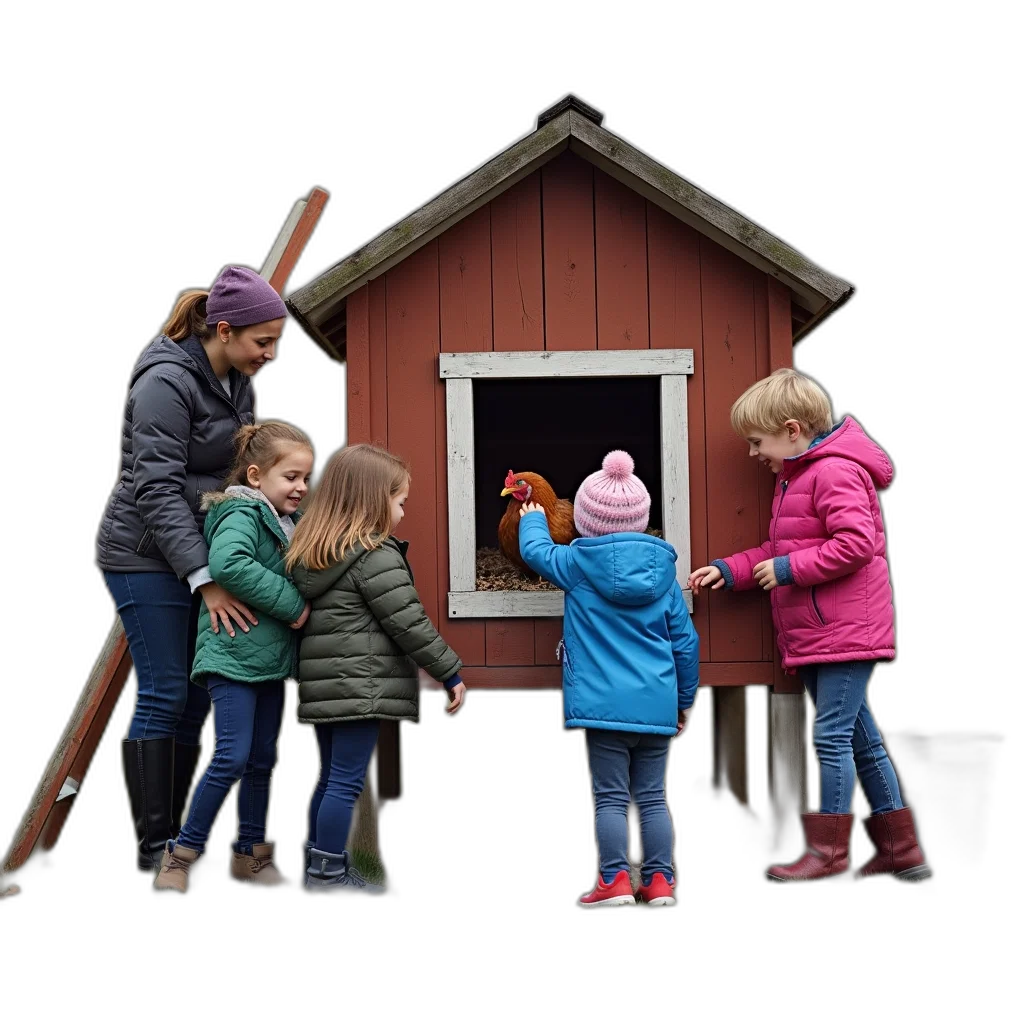 3d render, group, children, gathered, around, chicken, coop, one transparent PNG cut-out