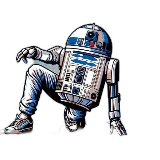 robot, comic book art, concept art, pixel art, 3d render, outer space, r2-d2, dynamic transparent PNG cut-out