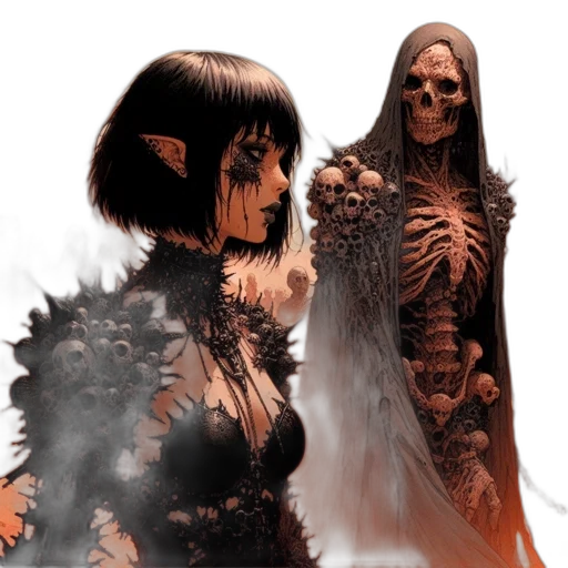 concept art, comic book art, fantasy art, dark, woman, clothing, heavy, makeup transparent PNG cut-out