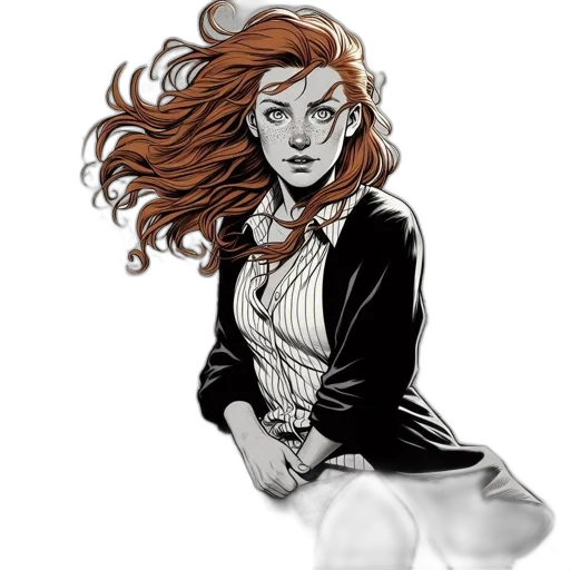 comic book art, cartoon, concept art, fantasy art, monochrome, woman, red, hair transparent PNG cut-out