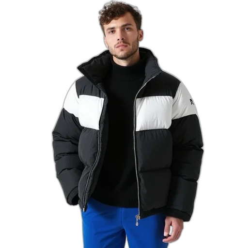 jacket, monochrome, person, wearing, black, white, puffer, turtleneck transparent PNG cut-out