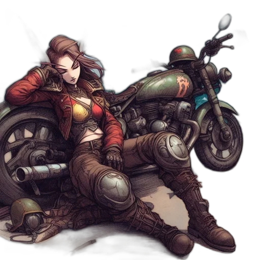 weapon, jacket, concept art, cyberpunk, comic book art, fantasy art, earth tones, red transparent PNG cut-out