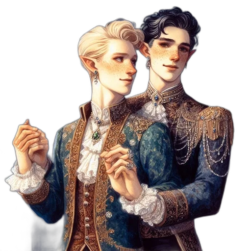fantasy art, concept art, pixel art, watercolor, golden, earth tones, two, males transparent PNG cut-out