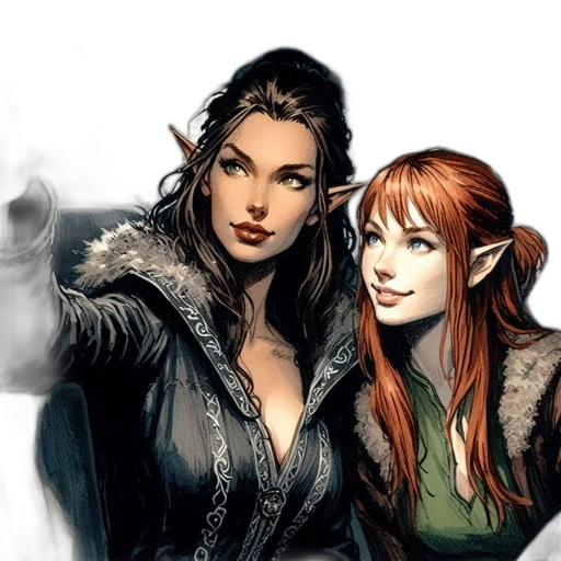 comic book art, fantasy art, concept art, two, characters, one, dark, hair transparent PNG cut-out