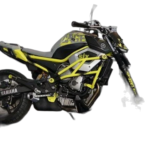 photorealistic, yamaha, motorcycle, black, yellow, color, scheme, displayed transparent PNG cut-out