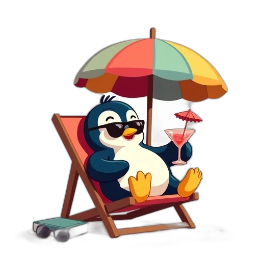 concept art, cartoon, 3d render, pixel art, beach, penguin, lounging, chair transparent PNG cut-out