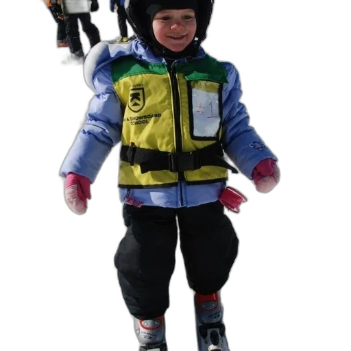 jacket, staff, child, yellow, blue, skiing, snow transparent PNG cut-out