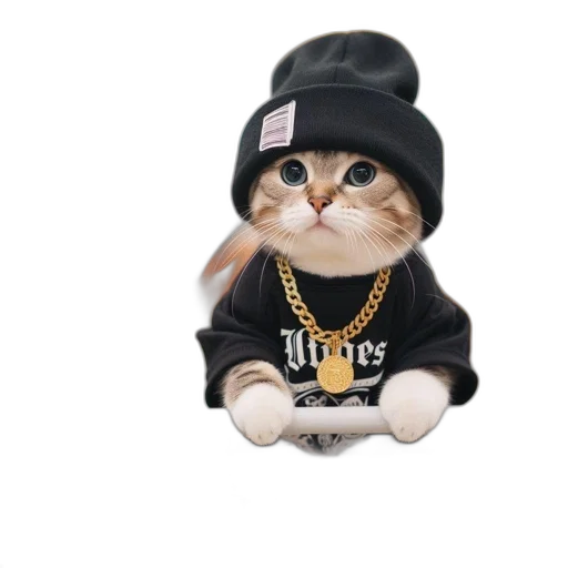 hat, 3d render, photorealistic, cat, beanie, t-shirt, necklace, pushes transparent PNG cut-out
