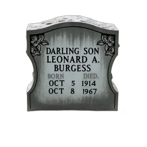 weathered, headstone, name, darling, son, leonard, burgess, dates transparent PNG cut-out