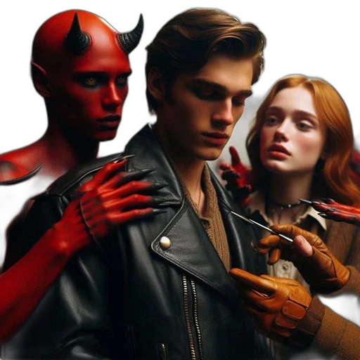 concept art, comic book art, fire, red, man, woman, surrounded, red-skinned transparent PNG cut-out
