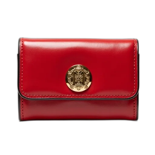 red, leather, wallet, black, trim, gold, emblem, center transparent PNG cut-out