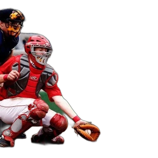 baseball, catcher, red, uniform, crouching, down, his, mitt transparent PNG cut-out