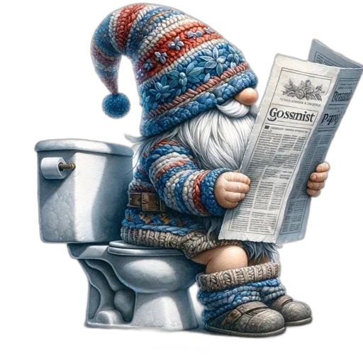 amusing, gnome, character, reads, tabloid, newspaper, while, seated transparent PNG cut-out