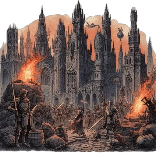 concept art, fantasy art, comic book art, watercolor, fire, fog, city street, night transparent PNG cut-out