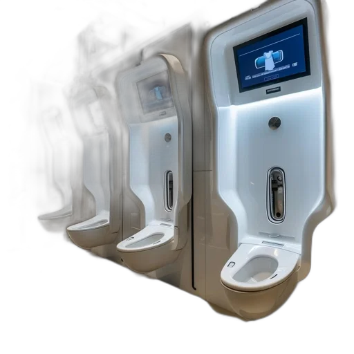 robot, 3d render, modern, bathroom, features, multiple, white, urinals transparent PNG cut-out