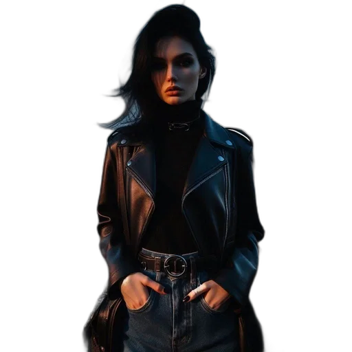 jacket, dress, concept art, cyberpunk, fantasy art, comic book art, dark, monochrome transparent PNG cut-out