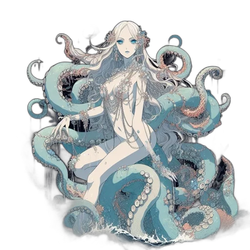 creature, dress, hair, concept art, fantasy art, pixel art, watercolor, underwater transparent PNG cut-out