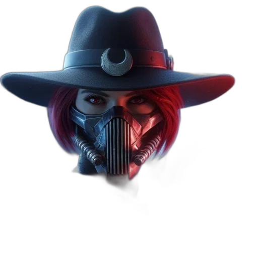 mask, hat, face, concept art, cyberpunk, 3d render, comic book art, red transparent PNG cut-out