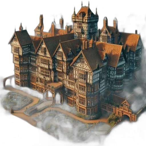 building, crown, concept art, fantasy art, 3d render, pixel art, fog, city street transparent PNG cut-out
