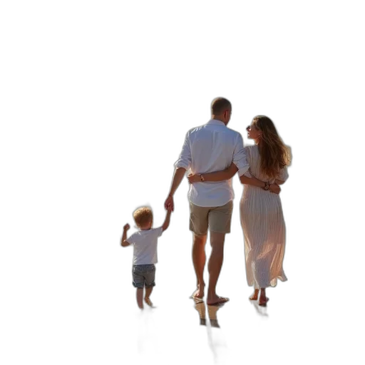 photorealistic, 3d render, happy, family, walking, along, beach, their transparent PNG cut-out