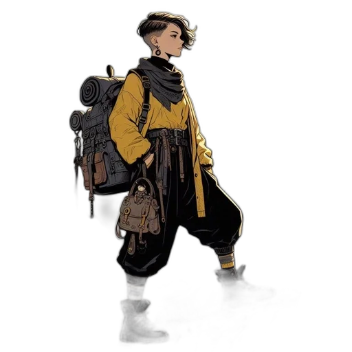jacket, hat, staff, concept art, watercolor, fantasy art, comic book art, golden transparent PNG cut-out