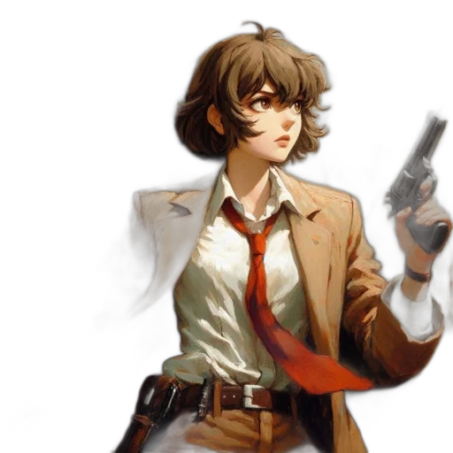 jacket, weapon, staff, concept art, pixel art, comic book art, anime, alert transparent PNG cut-out