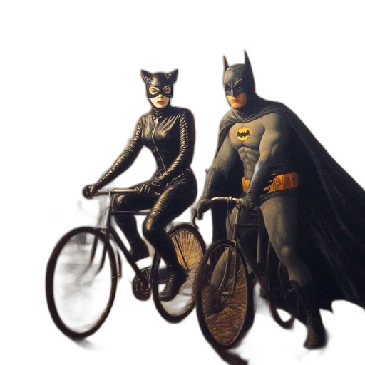 comic book art, concept art, fantasy art, photorealistic, batman, catwoman, bike, through transparent PNG cut-out