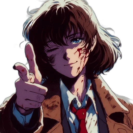 jacket, face, weapon, anime, vaporwave, pixel art, cyberpunk, red transparent PNG cut-out
