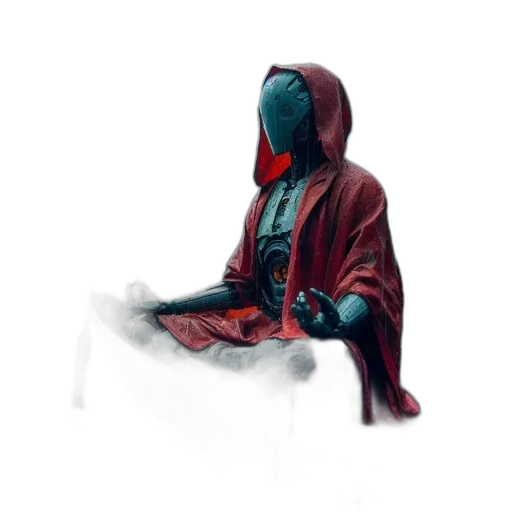 jacket, mask, staff, robot, concept art, 3d render, comic book art, pixel art transparent PNG cut-out