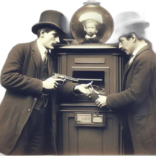 hat, robot, staff, two, suited, men, hold, guns transparent PNG cut-out