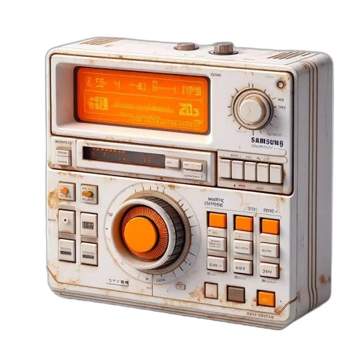 robot, weapon, 3d render, retro-futuristic, samsung, device, vintage, sci-fi transparent PNG cut-out