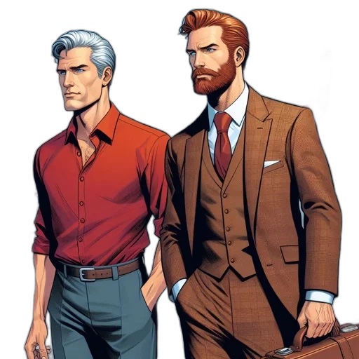 comic book art, concept art, cartoon, earth tones, red, two, men, stand transparent PNG cut-out