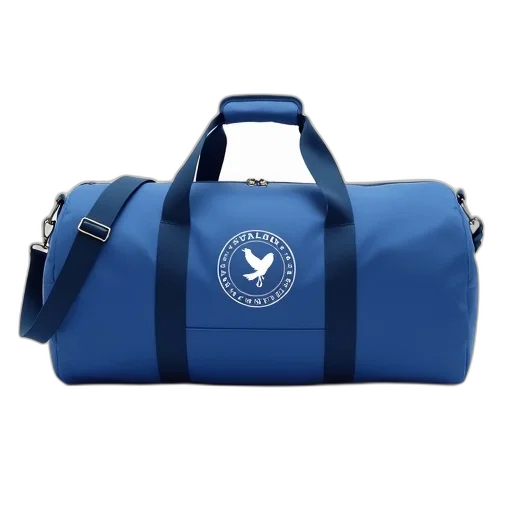 blue, duffel, bag, white, emblem, featuring, bird, word transparent PNG cut-out