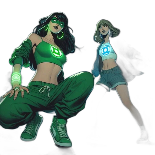 concept art, comic book art, fantasy art, 3d render, green, two, women, styled transparent PNG cut-out