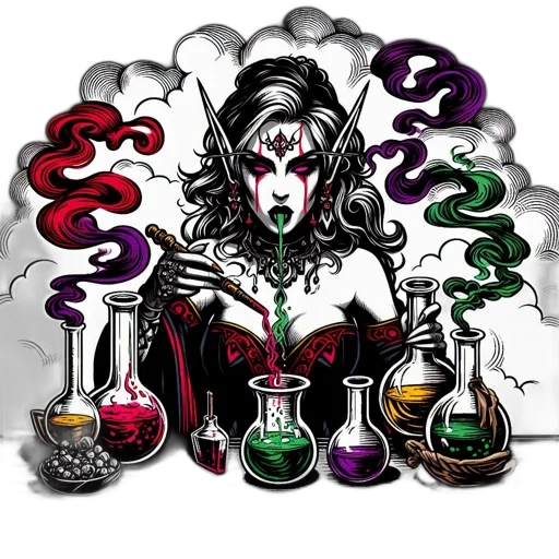 fantasy art, comic book art, concept art, pixel art, fire, dark, sorceress, elf-like transparent PNG cut-out