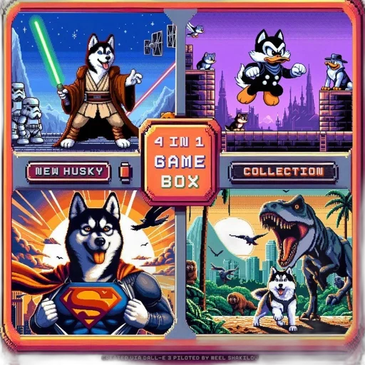pixel art, concept art, comic book art, 4-in-1, game, box, features, pixel transparent PNG cut-out