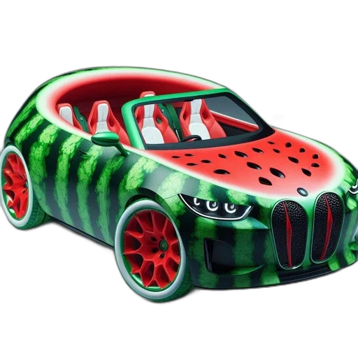 car, 3d render, concept art, photorealistic, watermelon-inspired, convertible, top, watermelon-themed transparent PNG cut-out