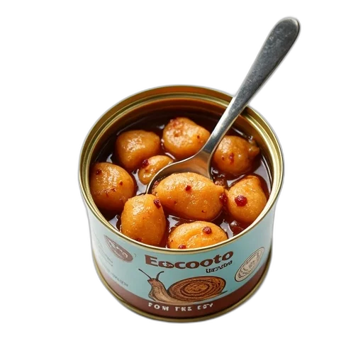 food, 3d render, photorealistic, can, escargots, open, spoon, inside transparent PNG cut-out