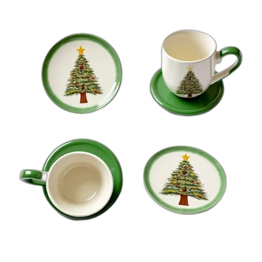 3d render, set, ceramic, christmas-themed, mugs, coasters, displayed, have transparent PNG cut-out
