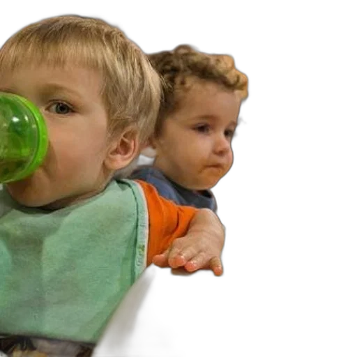 bottle, 3d render, photorealistic, two, young, children, sit, table transparent PNG cut-out