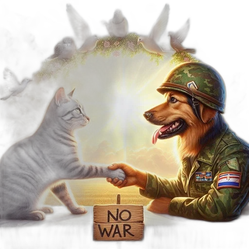 weapon, concept art, idyllic, surreal, scene, dressed-up, feline, canine transparent PNG cut-out