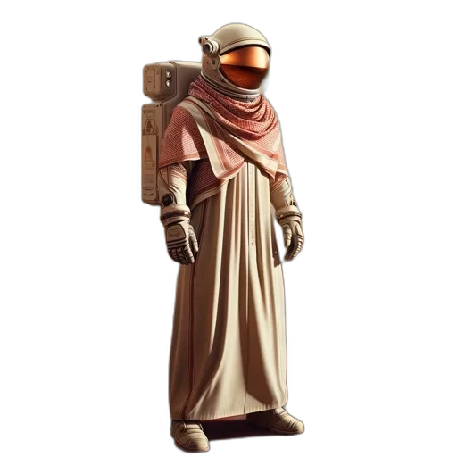 robot, staff, jacket, concept art, 3d render, earth tones, astronaut, stands transparent PNG cut-out